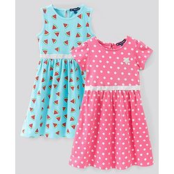 Pine Kids Bio Wash Short & Sleeveless Frocks Dot & Watermelon Print Pack of 2 - Pink Sea Green