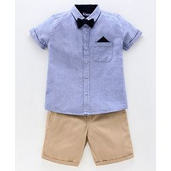 Pine Kids Half Sleeve Shirt and Shorts Set with Bow Tie Solid - Blue Beige