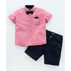 Pine Kids Half Sleeve Shirt and Shorts Set with Bow Tie Solid - Pink Navy