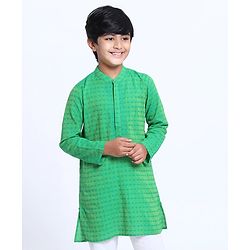 Pine Kids Full Sleeve Boys Kurta with Embroidered Placket with Matching Mask - Green