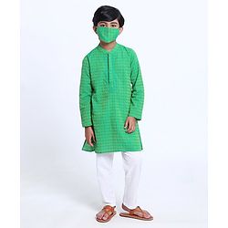 Pine Kids Full Sleeve Boys Kurta with Embroidered Placket with Matching Mask - Green