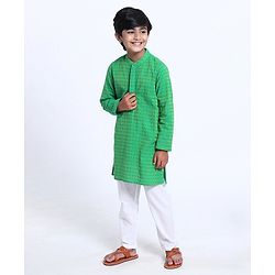 Pine Kids Full Sleeve Boys Kurta with Embroidered Placket with Matching Mask - Green