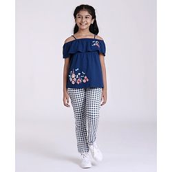 Pine Kids Biowash Singlet Embroidered Top & Check Pant - Navy Blue