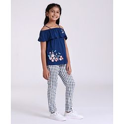 Pine Kids Biowash Singlet Embroidered Top & Check Pant - Navy Blue
