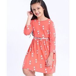 Pine Kids Full Sleeves Frock Star Print - Peach