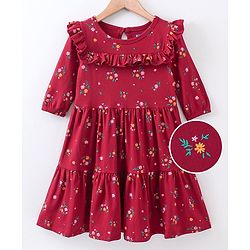 Pine Kids Full Sleeves Biowashed Frock Floral Print - Beet Red