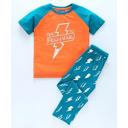 Pine Kids Half Sleeves Bio Washed T-Shirt & Pajama Set Thunder Graphic - Orange & Blue