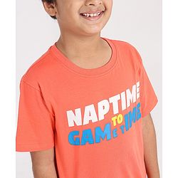 Pine Kids Half Sleeves Night Suit Text Print - Orange Blue
