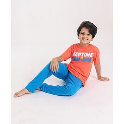 Pine Kids Half Sleeves Night Suit Text Print - Orange Blue
