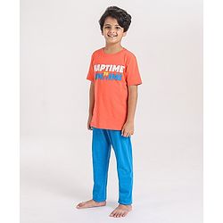 Pine Kids Half Sleeves Night Suit Text Print - Orange Blue