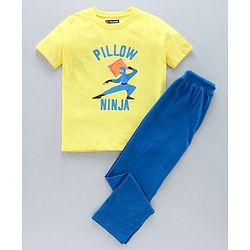 Pine Kids Half Sleeves Bio Washed T-Shirt & Pajama Set Ninja Graphic - Yellow & Blue