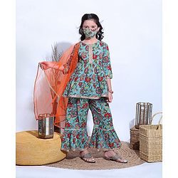 Pine Kids Printed Kurta Sharara Set with MeshDupatta - Green