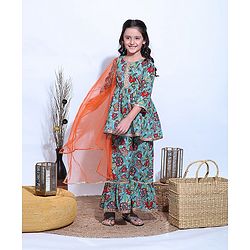 Pine Kids Printed Kurta Sharara Set with MeshDupatta - Green