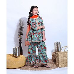 Pine Kids Printed Kurta Sharara Set with MeshDupatta - Green