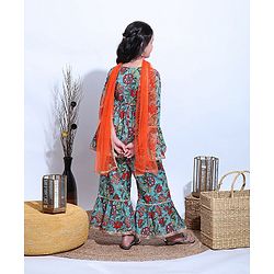 Pine Kids Printed Kurta Sharara Set with MeshDupatta - Green