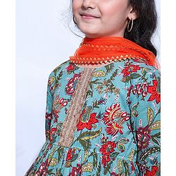 Pine Kids Printed Kurta Sharara Set with MeshDupatta - Green