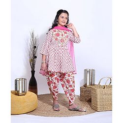 Pine Kids Three Fourth Sleeves Kurti & Dhoti Style Pyjama With Dupatta Floral Print - White Pink