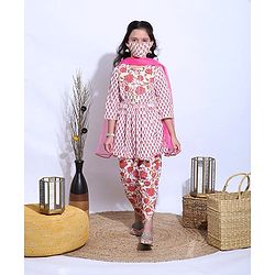 Pine Kids Three Fourth Sleeves Kurti & Dhoti Style Pyjama With Dupatta Floral Print - White Pink