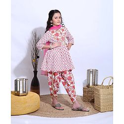 Pine Kids Three Fourth Sleeves Kurti & Dhoti Style Pyjama With Dupatta Floral Print - White Pink