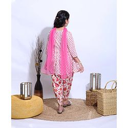 Pine Kids Three Fourth Sleeves Kurti & Dhoti Style Pyjama With Dupatta Floral Print - White Pink