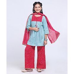 Pine Kids Printed Kurti & Palazzo with Dupatta - Blue