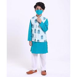 Pine Kids Full Sleeves Kurta Pyjama Set with Modi Jacket Buti Print - Green