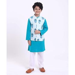 Pine Kids Full Sleeves Kurta Pyjama Set with Modi Jacket Buti Print - Green