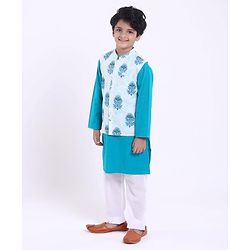 Pine Kids Full Sleeves Kurta Pyjama Set with Modi Jacket Buti Print - Green