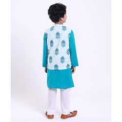 Pine Kids Full Sleeves Kurta Pyjama Set with Modi Jacket Buti Print - Green
