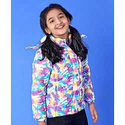 Pine Kids Full Sleeves Polyfill Hooded Jacket Abstract Print - Off White Purple