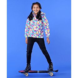Pine Kids Full Sleeves Polyfill Hooded Jacket Abstract Print - Off White Purple