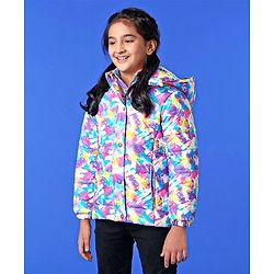 Pine Kids Full Sleeves Polyfill Hooded Jacket Abstract Print - Off White Purple