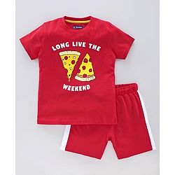 Pine Kids Half Sleeves Bio Washed T-Shirt & Shorts Set Pizza Print - Red