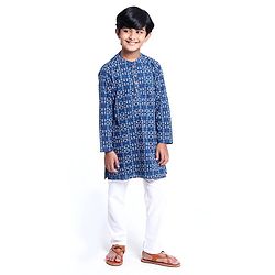 Pine Kids Full Sleeve Boys Kurta Pyjama Set with Cotton Lining Self Printed - Blue Sapphire