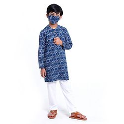 Pine Kids Full Sleeve Boys Kurta Pyjama Set with Cotton Lining Self Printed - Blue Sapphire
