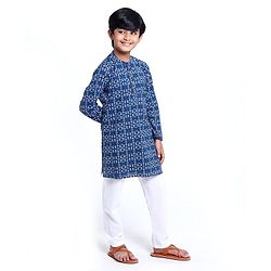 Pine Kids Full Sleeve Boys Kurta Pyjama Set with Cotton Lining Self Printed - Blue Sapphire