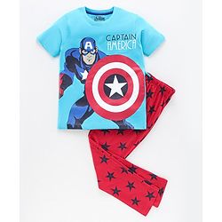 Pine Kids Half Sleeves Bio Washed T-Shirt & Pajama Set Captain America Print - Blue Red