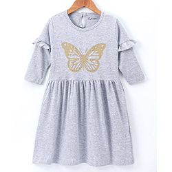 Pine Kids Full Sleeves Bio Wash Frock Butterfly Glitter Print - Grey