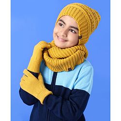 Pine Kids Woollen Cap & Set With Muffler Yellow - 14.5 cm