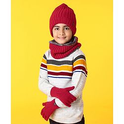 Pine Kids Woollen Cap Gloves Set With Muffler Red - Diameter 13 cm