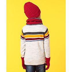 Pine Kids Woollen Cap Gloves Set With Muffler Red - Diameter 13 cm
