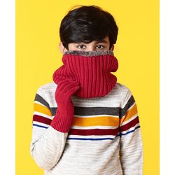 Pine Kids Woollen Cap Gloves Set With Muffler Red - Diameter 13 cm