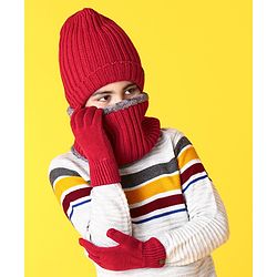 Pine Kids Woollen Cap Gloves Set With Muffler Red - Diameter 13 cm