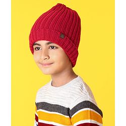 Pine Kids Woollen Cap Gloves Set With Muffler Red - Diameter 13 cm