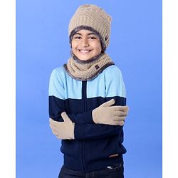 Pine Kids Winter Wear Fur Beanie Cap Gloves and Muffler Set Khaki - Diameter 13 cm