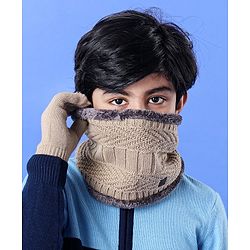 Pine Kids Winter Wear Fur Beanie Cap Gloves and Muffler Set Khaki - Diameter 13 cm