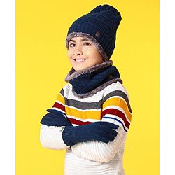 Pine Kids Woollen Cap Gloves & Snood with Fur Blue - Diameter 17 cm