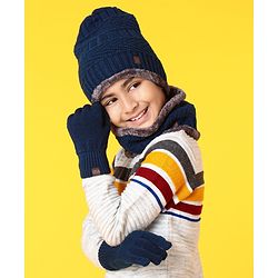 Pine Kids Woollen Cap Gloves & Snood with Fur Blue - Diameter 17 cm