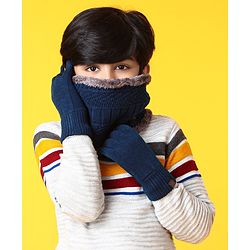 Pine Kids Woollen Cap Gloves & Snood with Fur Blue - Diameter 17 cm