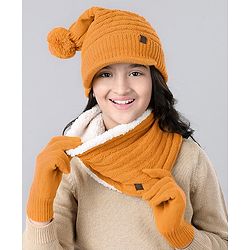 Pine Kids Woollen Cap & Mask With Muffler Yellow - Diameter 46 cm